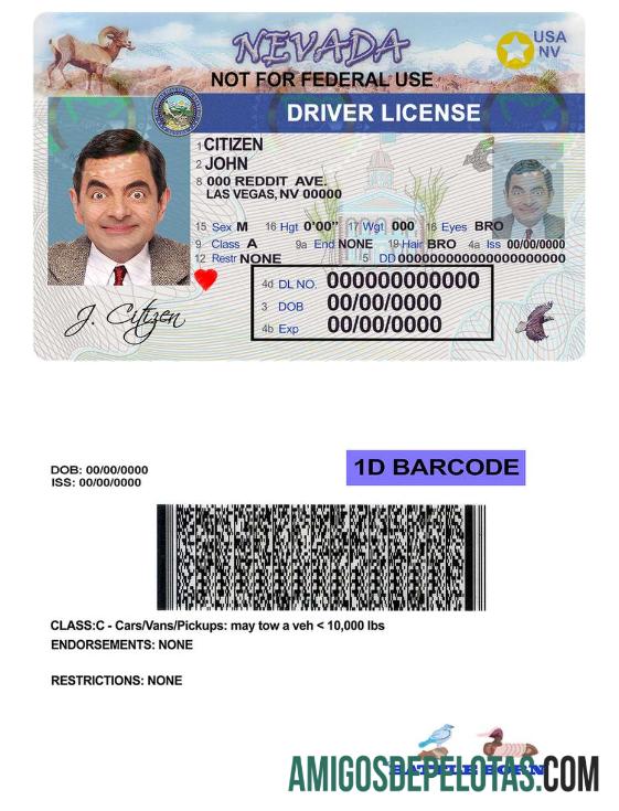 Carta de condução nos EUA Nevada modelo